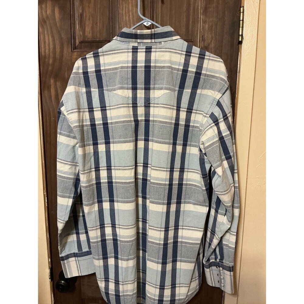 Wrangler Mens Large Light Blue Plaid Pearl Snap Western Shirt Long Sleeve - Picture 2 of 5